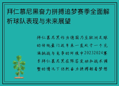拜仁慕尼黑奋力拼搏追梦赛季全面解析球队表现与未来展望