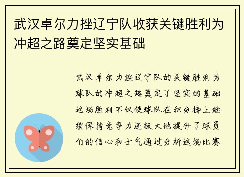 武汉卓尔力挫辽宁队收获关键胜利为冲超之路奠定坚实基础
