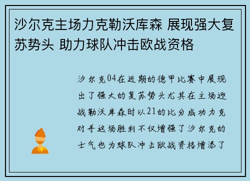 沙尔克主场力克勒沃库森 展现强大复苏势头 助力球队冲击欧战资格