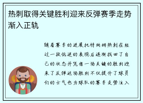 热刺取得关键胜利迎来反弹赛季走势渐入正轨