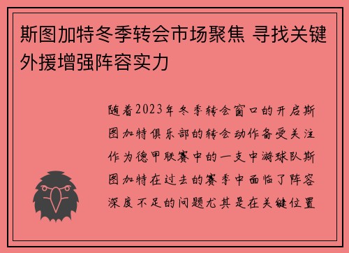 斯图加特冬季转会市场聚焦 寻找关键外援增强阵容实力