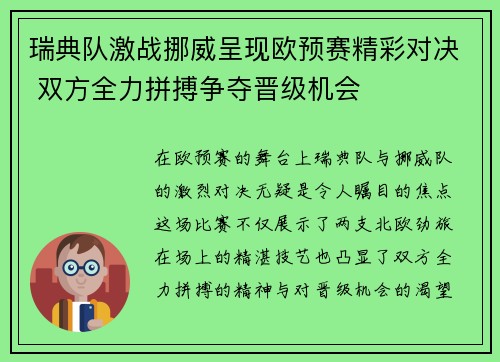 瑞典队激战挪威呈现欧预赛精彩对决 双方全力拼搏争夺晋级机会