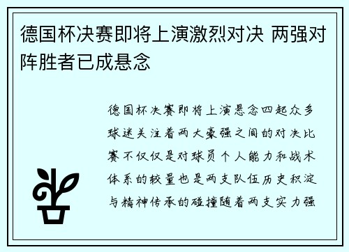 德国杯决赛即将上演激烈对决 两强对阵胜者已成悬念